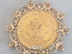 1959 Pure Gold Mexico 20 Pesos Coin In 14k & Ruby Bezel Pendant 25 Gm