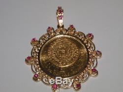 1959 Pure Gold Mexico 20 Pesos Coin In 14k & Ruby Bezel Pendant 25 Gm