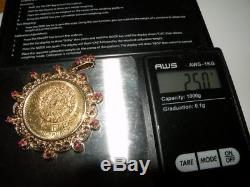 1959 Pure Gold Mexico 20 Pesos Coin In 14k & Ruby Bezel Pendant 25 Gm