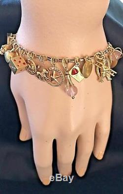 1960's 14k Y/Gold Zodiac Enamel Hearts Gems Coins Dice Pearl 23 Charms Bracelet