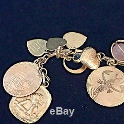 1960's 14k Y/Gold Zodiac Enamel Hearts Gems Coins Dice Pearl 23 Charms Bracelet
