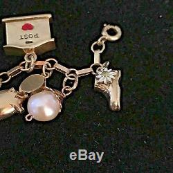 1960's 14k Y/Gold Zodiac Enamel Hearts Gems Coins Dice Pearl 23 Charms Bracelet