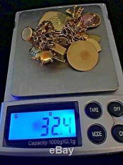 1960's 14k Y/Gold Zodiac Enamel Hearts Gems Coins Dice Pearl 23 Charms Bracelet