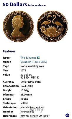 1973 Gold 50 Dollars Coin The Bahamas Independence. 500 Fineness Solid 12k