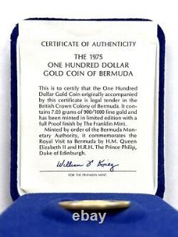 1975 BERMUDA $100 QUEEN ELIZABETH II 7g. 900 Fine GOLD COIN Box & COA Proof