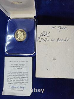 1975 Barbados $100 Proof Gold Coin 6.21g. 500 Fine, 1/10 oz AGW Franklin Mint