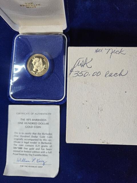 1975 Barbados $100 Proof Gold Coin 6.21g. 500 Fine, 1/10 Oz Agw Franklin Mint