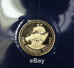 1975 Barbados One Hundred Dollars Gold. 500 Fine Coin Gem Proof with Box & COA