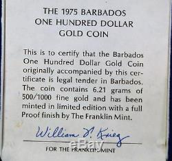 1975 Barbados One Hundred Dollars Gold. 500 Fine Coin Gem Proof with Box & COA