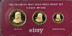 1980 Franklin Mint 3 Coin Gold Proof Set. 999 Fine 1.75oz AGW OGP