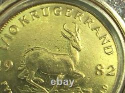 1982 1/10 S Afraid krugerrand gold coin in 0.68ct Diamond bezel. 23.5mm. 5.8gm