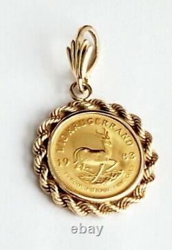 1983 1/10 Troy Oz Gold South Africa Krugerrand Coin set in 14K Rope Pendant