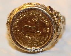 1983 South African 1/10th Fine Gold Krugerrand Coin in 14kt Gold Ring Size 12