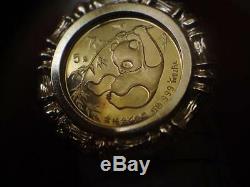 1985 Chinese 5 24k pure gold Panda Coin in circular bamboo bezel frame 14k ring