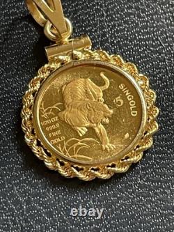 1986 Singapore 1/20 Proof Gold 5 Singold Tiger 999.9 fine! 14K Pendant