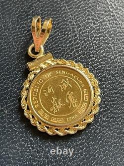 1986 Singapore 1/20 Proof Gold 5 Singold Tiger 999.9 fine! 14K Pendant