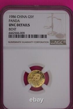 1986 Unc Details Bent 1986 Gold China Panda 1/10 Ounce. 999 Fine NGC Slab 821