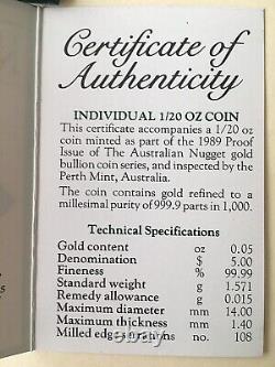 1989 1/20 oz $5 GOLD BULLION COIN AUSTRALIAN KANGAROO NUGGET. 999 FINE 24K CERT