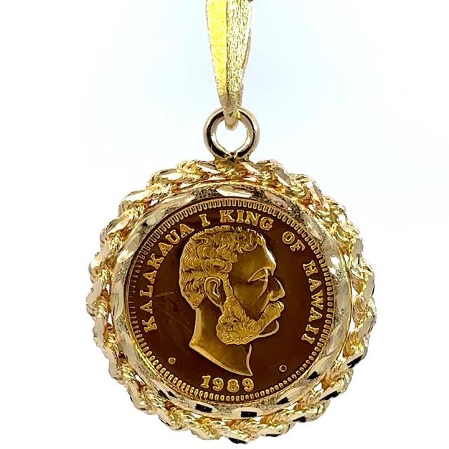 1989 Kalakaua I King Of Hawaii 1/10 Oz Fine Gold Coin Framed 14k Gold Pendant