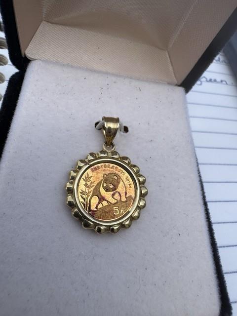 1990 1/20th Oz Fine. 999 Gold Panda Coin In 14k Gold Bezel Pendant 3.33g