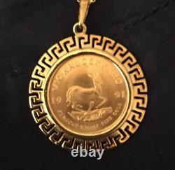 1991 1/10 toz Krugerrand Fine Gold Coin Pendant withAztec Design Set & Gold Chain