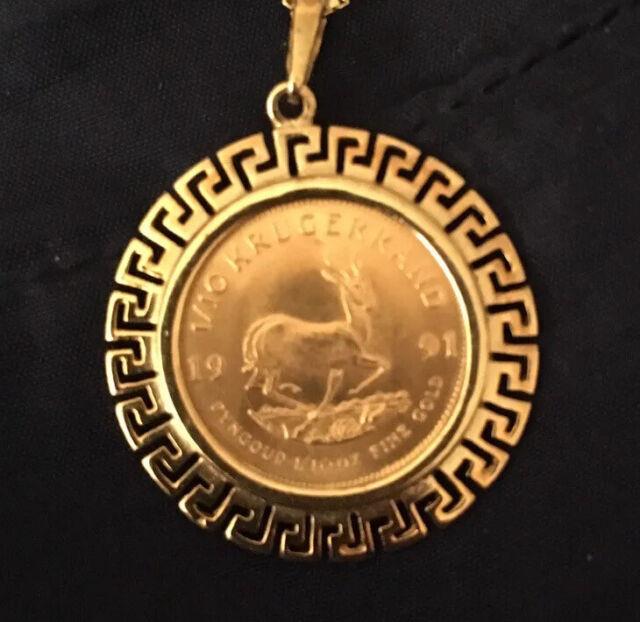 1991 1/10 Toz Krugerrand Fine Gold Coin Pendant Withaztec Design Set & Gold Chain