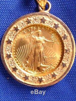 1991 Liberty. 999 Fine 5 $ Gold Coin 14k Stars Frame Bezel Coin Pendant Necklace