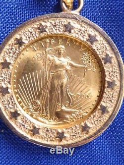 1991 Liberty. 999 Fine 5 $ Gold Coin 14k Stars Frame Bezel Coin Pendant Necklace
