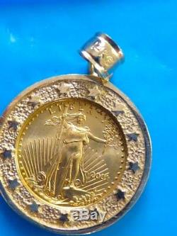 1991 Liberty. 999 Fine 5 $ Gold Coin 14k Stars Frame Bezel Coin Pendant Necklace