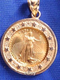 1991 Liberty. 999 Fine 5 $ Gold Coin 14k Stars Frame Bezel Coin Pendant Necklace