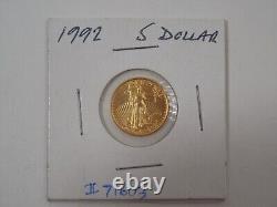 1992 $5 Gold American Eagle Coin 1/10 oz Fine Gold Mintage 209,300