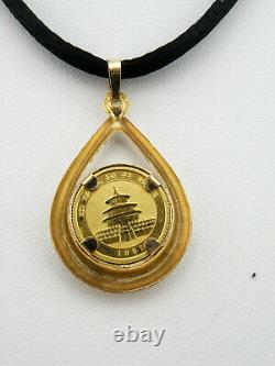 1992 China 5 Yuan 1/20 oz 24K Fine Gold Panda Coin Pendant, 14K Yellow Gold Bezel