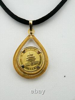 1992 China 5 Yuan 1/20 oz 24K Fine Gold Panda Coin Pendant, 14K Yellow Gold Bezel