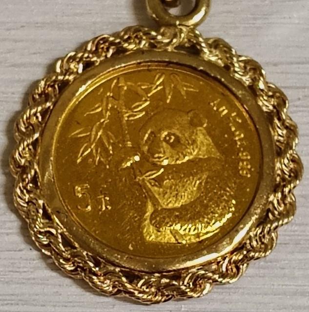 1995 China Yuan. 999 Fine Gold Panda Coin Pendant 24k Panda Rope & Bezel 18k&14k