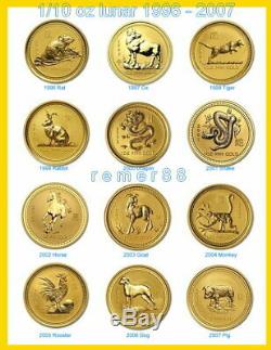 1996-2007 12 Coin Australian Lunar (Series I) 1/10 oz 9999 Fine Gold Set 24K