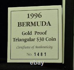 1996 Bermuda $30 Proof Triangular. 999 Fine Gold Coin Box COA