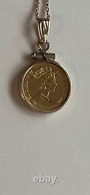 1996 Isle of Man 1/25OZ Crown. 999 Fine Gold Coin Cat Elizabeth, 14k bezel