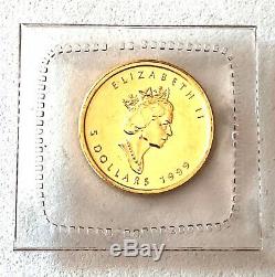 1999- $5.00 Canadian Maple Leaf 1/10 Oz 999 Fine Gold Coin -sealed