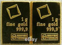 (2) 1 Gram Fine Gold Bar Assayed. 9999 Pure Fine Bullion Valcambi Suisse Swiss