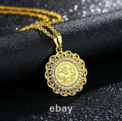 2.10Ct Round Cut Simulated Diamond Moroccan Coin Pendant 14k Yellow Gold Plated