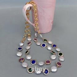 2 Rows Multi Color Crystal Metal Chain 14mm White Coin Pearl Necklace Jewelry