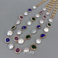 2 Rows Multi Color Crystal Metal Chain 14mm White Coin Pearl Necklace Jewelry