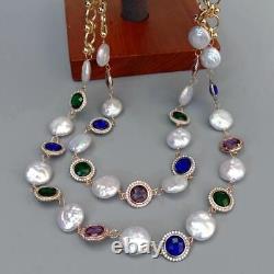 2 Rows Multi Color Crystal Metal Chain 14mm White Coin Pearl Necklace Jewelry