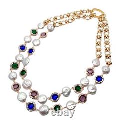 2 Rows Multi Color Crystal Metal Chain 14mm White Coin Pearl Necklace Jewelry