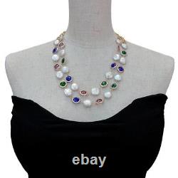 2 Rows Multi Color Crystal Metal Chain 14mm White Coin Pearl Necklace Jewelry