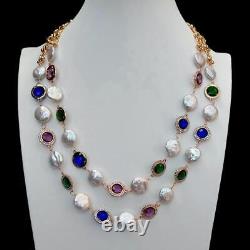 2 Rows Multi Color Crystal Metal Chain 14mm White Coin Pearl Necklace Jewelry