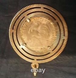 20 Francs Rooster Type 22K Gold Coin Set Within 18k Solid Gold Fancy Pendant