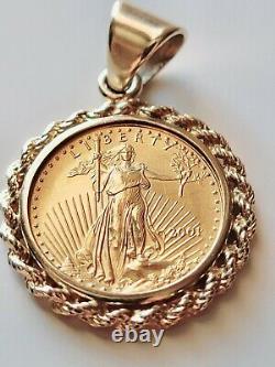 2001 1/10oz Fine Gold $5 Liberty 14k Gold Rope Bezel Coin Pendant 20 Necklace