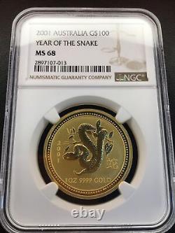 2001 Australia Gold $100 Year Of The Snake Ngc Ms68 1 Oz. 9999 Fine Gold Coin