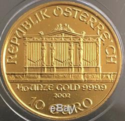 2002 Philharmonic 1/10 oz. 9999 Fine Gold 24K 10 Euro UNC Austria